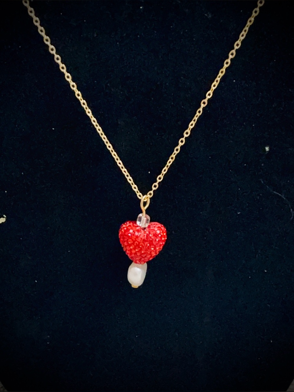 Gold Chain Necklace with Red Crystal Heart and Pearl Pendant